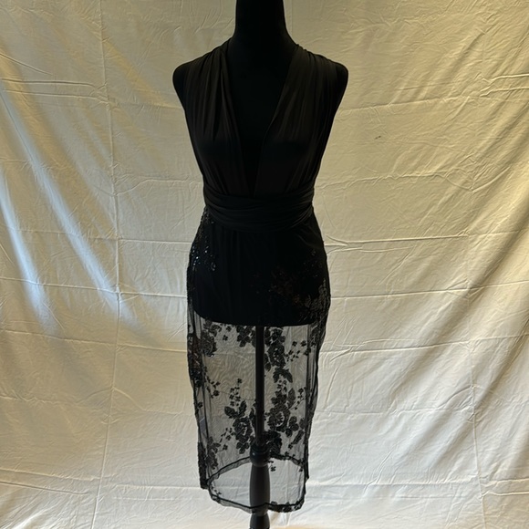 NWOT Sexy Black Dress Floral Printed Mesh Patchwork Bodycon Dress - Picture 1 of 14